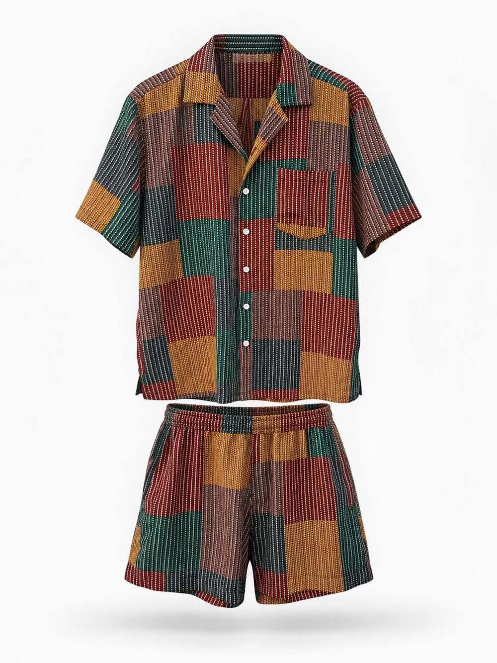 Shades of Grey by Micah Cohen Patchwork Short Sleeve Button-Down Shirt and Short